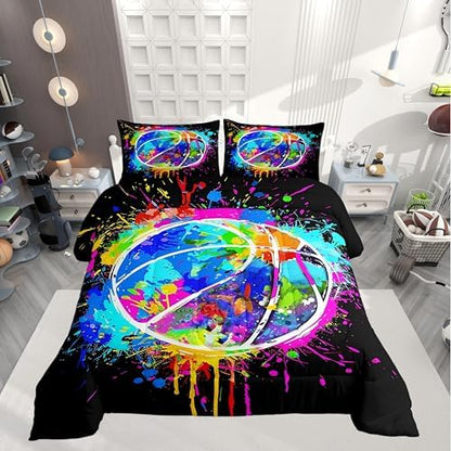 Basketball Comforter Set Twin Size,Watercolor Tie-dye Duvet Insert for Kid Teen Boys Girls Room Decor,Color Graffiti Hip Hop Style Quilted Duvet,Cartoon Sport Gaming Quilt Cover with 1 Pillowcase