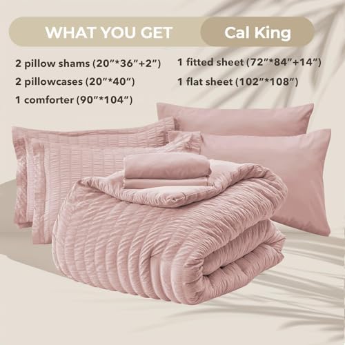 HYMOKEGE Rose Gold California King Comforter Set Seersucker 7 Pieces, All Season Luxury Bed in a Bag Queen for Bedroom, Bedding Set with Comforter, Sheets, Pillowcases & Shams