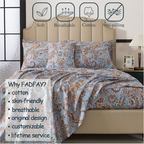 FADFAY Luxury Queen Percale Cotton Sheet Set – Elegant Vintage Blue Paisley Bedding, Ultra Soft & Breathable, Deep Pocket Fitted Sheet, Timeless French Country Heirloom Style, 4 Piece Set
