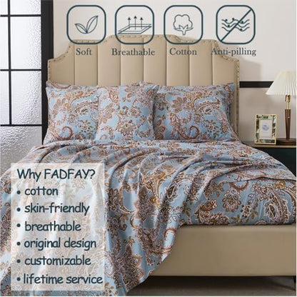 FADFAY Luxury Queen Percale Cotton Sheet Set – Elegant Vintage Blue Paisley Bedding, Ultra Soft & Breathable, Deep Pocket Fitted Sheet, Timeless French Country Heirloom Style, 4 Piece Set