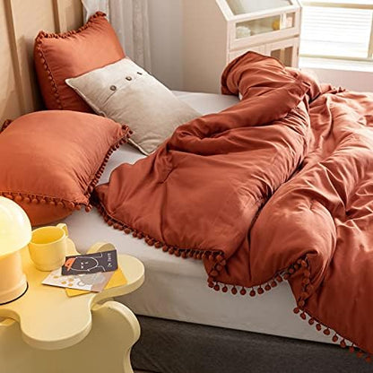 YIRDDEO King Size Comforter Set, Terracotta Pom Fringe Bedding Set 3 Pieces