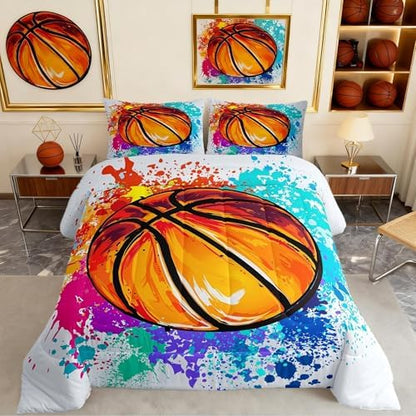 Castle Fairy Boys Basketball Comforter Set Queen Size Watercolor Tie-dye Bedding Set for Kids Boys Bedroom Decoration Sports Basketball Bed Duvet Insert Hippie Comforter with 2 Pillowcase