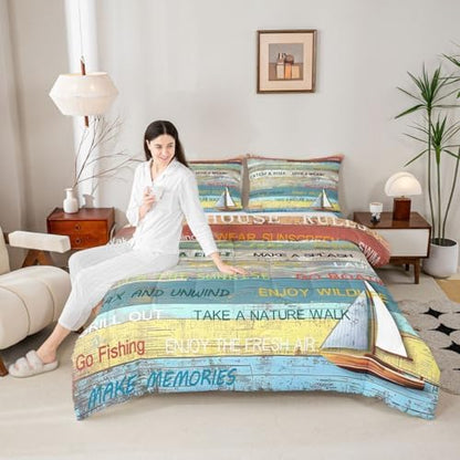Castle Fairy Lake House Comforter Set Queen Size,Rustic Farmhouse Wooden Bedding Set 3pcs for Kids Teens Adults Room Decor,Boating Lover Quilt Set Vintage Sea Adventure Duvet Insert,2 Pillowcases