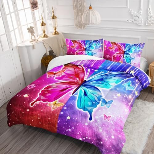 Nttopship Red and Blue Butterfly Comforter Set Queen Size,100% Soft Ultra-Fine Fiber Four Season Printed Comforter Set with 1 Comforter and 2 Pillow Case