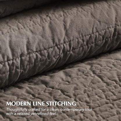 EVERGRACEHOME 100% Cotton Modern Lines Quilt Set King Size, Mushroom Brown