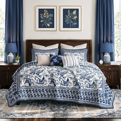 FLYMME Blue and White Vintage Floral Quilt Set Twin Size, 2-Piece Classic Reversible Bedspread Coverlet with 1 Pillow Sham, Lightweight Botanical Bedding Set for All Season
