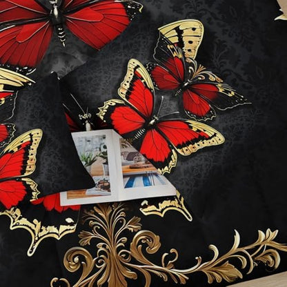 Red and Gold Butterfly Comforter Sets King Size Bed Set，Gothic King Size Bedding Set，with 1 Comforter with 2 Pillow Case，Butterfly Themed Bedroom Decor