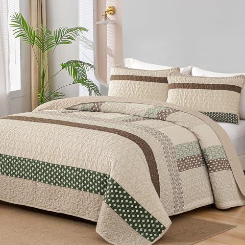 WONGS BEDDING Khaki Quilt Queen Size, Soft Stripe Bedspreads
