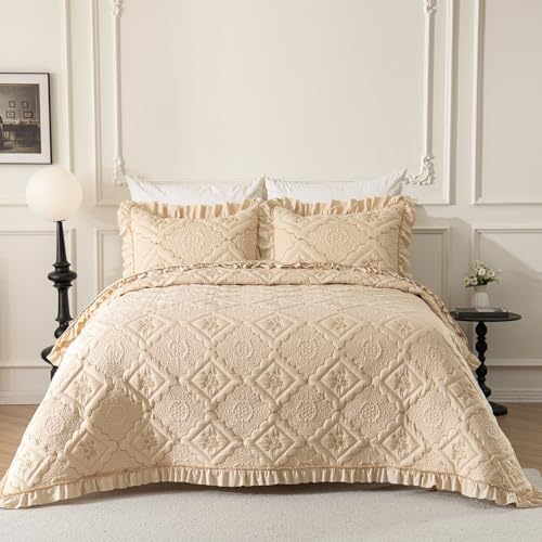 Sobrecamas Queen Elegantes,Queen Floral Quilt Set,Reversible Beige Coverlet