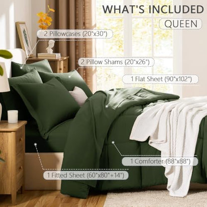 CozyLux Queen Comforter Set, 7-Piece Bed in a Bag, Olive Green