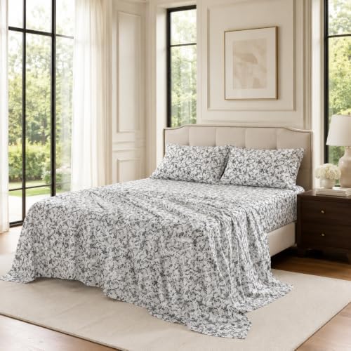 FADFAY 100% Cotton Full Sheet Set, Ivory Black Paisley Floral Bed Sheets