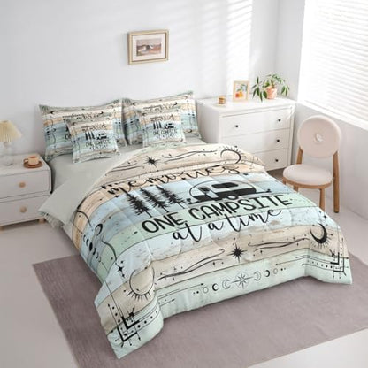 Happy Camping Comforter Set Twin, 7 Pieces Rv Camper Bed In A Bag Rustic Farmhouse Bedding Vintage Old Barn Door Bed Set (1 Comforter,2 Pillowcase,2 Throw Pillow Covers,1 Flat Sheet,1 Fitted Sheet)