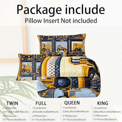Kids Excavator Comforter Set Twin,Boys Construction Bedding Set,Yellow Vehicles Excavator Tractor Print Bedding Set,Soft Microfiber Cartoon Truck Quilt Set for Room Decor