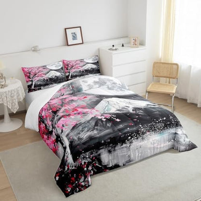 Castle Fairy Japanese Ukiyoe Comforter Set Full Size Fuji Mountain Scenery Quilt Set for Women Teens Men Home Room Decor Pink Cherry Blossoms Tree Bedding Set Retro Oil Painting Art Duvet Insert 3pcs