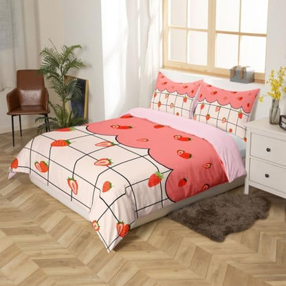 Kawaii Room Decor Shaggy Duvet Cover for Boys Kids Girls Strawberry Comforter Cover Ultra Soft Velvet Plush Bedding Set Cute Fruit Strawberry Cozy Flannel Bedding,1 Duvet Cover + 2 Pillowcases,Full