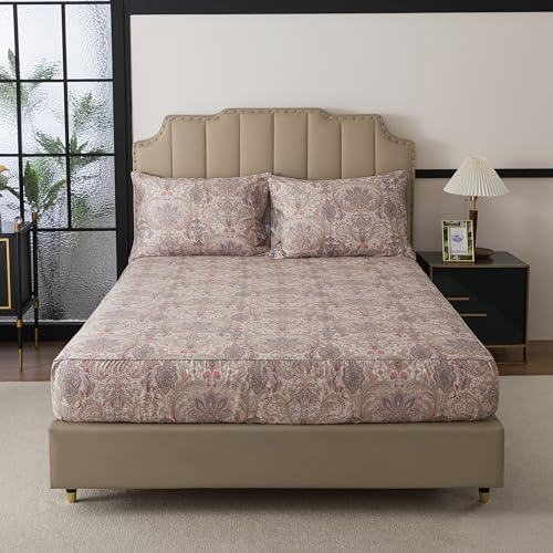 FADFAY Vintage Paisley Brown Sheet Set Twin XL Size for College, 4-Piece 100% Cotton Bedding, Soft & Breathable Deep Pocket Fitted Sheet for All Seasons