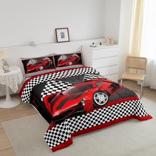 Feelyou Race Car Comforter Set for Kids Boys Black White Checkered Flag