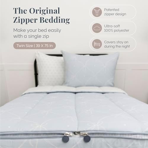 Beddy's Blue Ribbon & Bow All-in-One Kids/Teens Zipper Bedding Set - Twin