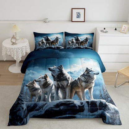 3D Wolf Comforter Set Queen Size,Wild Animals Bedding Set 3Pcs for Kids Boys Men Adult Bedroom Decor,Winter Mountain Scenery Quilt Set Nature Theme Luxury Blue Grey Duvet Insert,2 Pillowcases