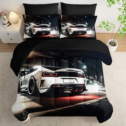 Nttopship Sports Car Comforter Set Full Size 7PCS, White Racing Car Bedding Set 7 Piece in A Bag, Bed Sheet Set White Racing Car Decor, Microfiber Lightweight All Season