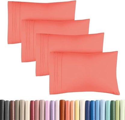 King Standard Pillow Cases Set of 4 - Soft Hotel Quality Pillowcase Covers - Comfy Bedding for Women, Men, Kids & Teens - Machine Washable Pillow Protectors - 4 Piece Set - King Standard Size Coral