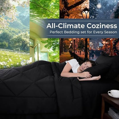HEVUMYI 7-Piece Oversized Queen Comforter Set, Black Bed in a Bag