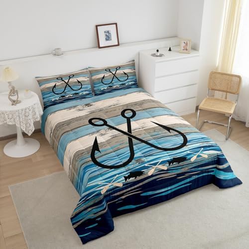 Feelyou Fishing Hook Bedding Set Twin Size, Kids Toddler Lake House Comforter Set Boys Girls Rustic Farmhouse Bedding Set Nautical Duvet Insert Bed Set 2Pcs