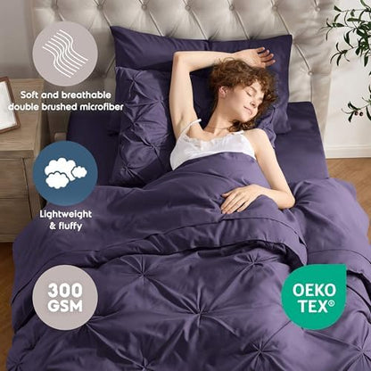 Nestl 7 Piece Twin XL Comforter Set – Purple Pinch Pleated Bed in a Bag – Complete Twin XL Size Bedding Set with Sheets, Set of 2 Cooling Pillows, Pillowcase and Sham