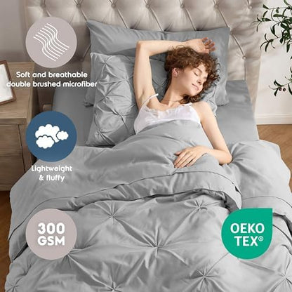 Nestl 7 Piece Twin Comforter Set – Light Grey Pinch Pleated Bed in a Bag – Complete Twin Size Bedding Set with Sheets, Set of 2 Cooling Pillows, Pillowcase and Sham
