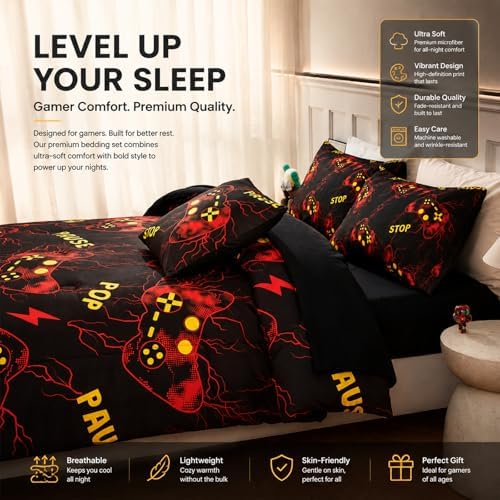 ZRNBAST 6 Pcs Twin Comforter Set for Boys Gamer Bedding Sets for Teens Kids Microfiber Game Console Comforter Set Red Lightning Gaming Bed in a Bag with Sheets(Red,Twin)