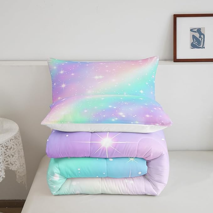 Ombre Rainbow Bedding Sets King Size Golden Stars Comforter Girls Tie Dye Duvet Insert Pink Purple Blue Princess Bedding Colorful Pastel Art Bedding Sets & Collections Sweet Bedroom Decor, Soft Warm