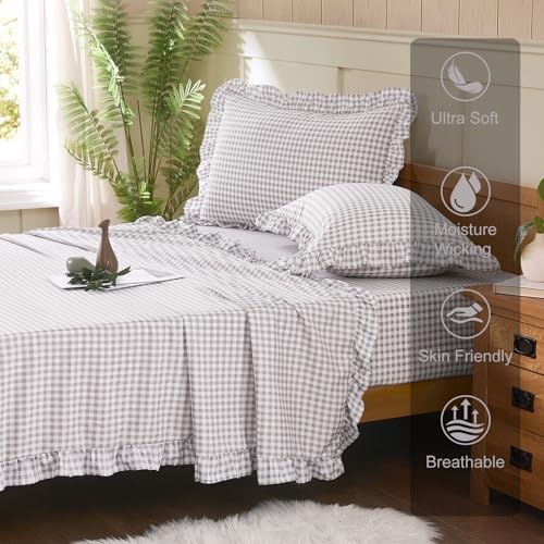 Gingham Twin Sheet Set, Lightweight Super Soft Brushed Microfiber Plaid Bed Sheets with 16" Deep Pocket, 3 Piece Ruffle Farmhouse Bedroom Decor, Gray
