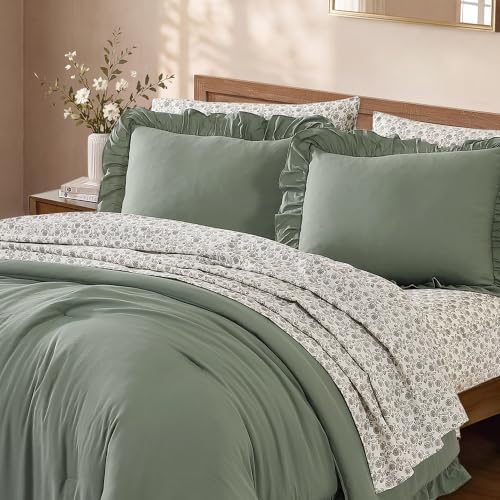 BLOOMHAVEN Queen Comforter Set-7 Pieces Ruffle Bedding with Floral Sheet