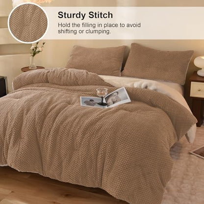 LLanCL 3D Jacquard Design Comforter Set, Ultra-Soft Warm Twin Size Sherpa Fur Plush 2-Pieces Sets Luxury Cozy Bedding with 1 Pillowcase (68"x90", Beige)