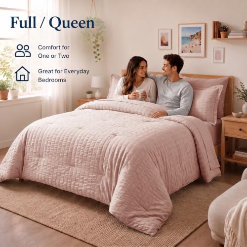 CozyLux Queen Comforter Set, 7 Pieces Rose Gold Seersucker Bed in a Bag
