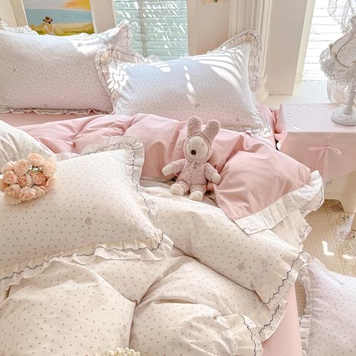 100% Cotton Cherry Print Duvet Cover Set Full, Aesthetic Cherry Elephant Pattern Comforter Cover with Ruffle Lace, Lightweight Soft Princess Lace Bedding Cottagecore Duvet Cover with 2 Pillowcases