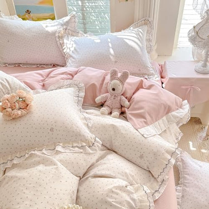 100% Cotton Cherry Print Duvet Cover Set Full, Aesthetic Cherry Elephant Pattern Comforter Cover with Ruffle Lace, Lightweight Soft Princess Lace Bedding Cottagecore Duvet Cover with 2 Pillowcases