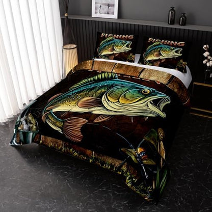 Nttopship Big Pike Fish Bedding, Bass Fishing Comforter Set Hunting and Fishing Brown Green Bedding Set Themed Comforter Set for Kids Boys Room Decor, Full Bed in a Bag for Teens with 2 Pillowcases