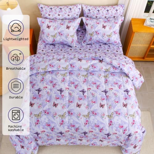 lasoftan Floral Queen Comforter Set with Sheets, 7 piece Luxury Vintage Bedding, Soft Microfiber Bed in a Bag, Cozy Lightweight Bed Set, Lavender Butterfly