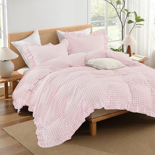 Andency Pink Gingham Duvet Cover Queen, Ruffle Shabby Bedding Set 3 Pcs