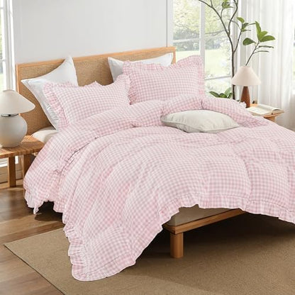Andency Pink Gingham Duvet Cover Queen, Ruffle Shabby Bedding Set 3 Pcs