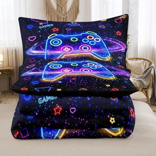 MWMWMW 6 pcs Boys Full Size Bedding Set, Gaming Comforter Sets for Boys,Kids Comforter Set for Boy Teens with 1 Comforter, 1 Flat Sheet, 1 Fitted Sheet, 1 Pillow Cover, 2 Pillowcases