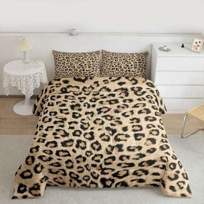 jejeloiu Leopard Comforter Set All Season Animal Skin Bedding Set with 2 Pillow Cases Animal Print Microfiber Kids Full Bedclothes Bedroom Decor Duvet Quilt Breathable Soft Lightweight