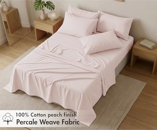RUVANTI 100% Cotton Split King Sheets, Percale Sheets Set, Soft Peach