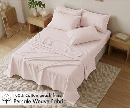 RUVANTI 100% Cotton Full Sheet Set, Percale Full Size Sheets, Soft Peach