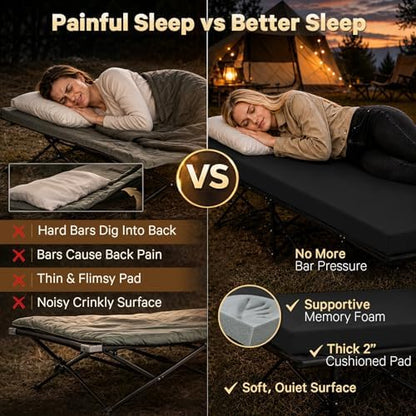 CYMULA Camping Cot Pad 2 Inch Memory Foam, Pad Only,Camping Pad for Folding Cot and Foldable Cot, Portable Roll Up Camp Gear for Car Camping Travel Tent, Non-Slip Waterproof Bottom, Removable Cover