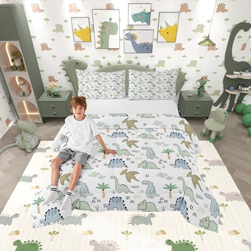 Cute Dinosaur Kids Comforter Set Queen Size,Cartoon Dino Wild Animals Super Soft Bedding Set for Adults Teens,Watercolor Sketching Hand Drawn Double Sides Print Down Comforter,2 Pillowcases