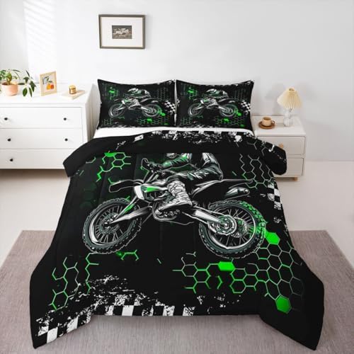 Castle Fairy Motocross Bedding Set King Size,Green Honeycomb Ombre Artwork Comforter Set for Adult Women Bedroom,Extreme Sport Game Ultra Soft Bedding Set with 2 Pillowcases,3Pcs