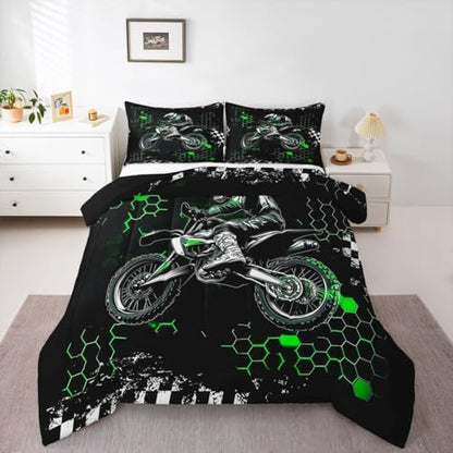 Castle Fairy Motocross Bedding Set King Size,Green Honeycomb Ombre Artwork Comforter Set for Adult Women Bedroom,Extreme Sport Game Ultra Soft Bedding Set with 2 Pillowcases,3Pcs