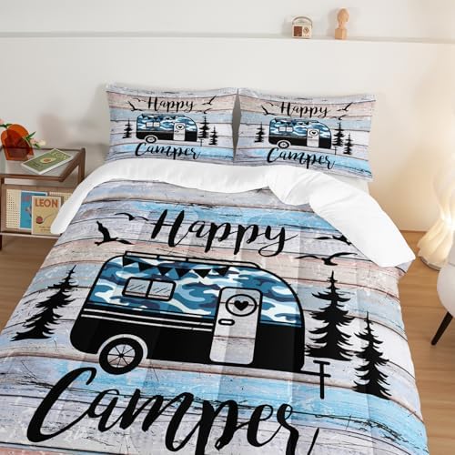 HOSIMA Teens Happy Camping Decor Full Comforter Set with 2 Pillowcases.